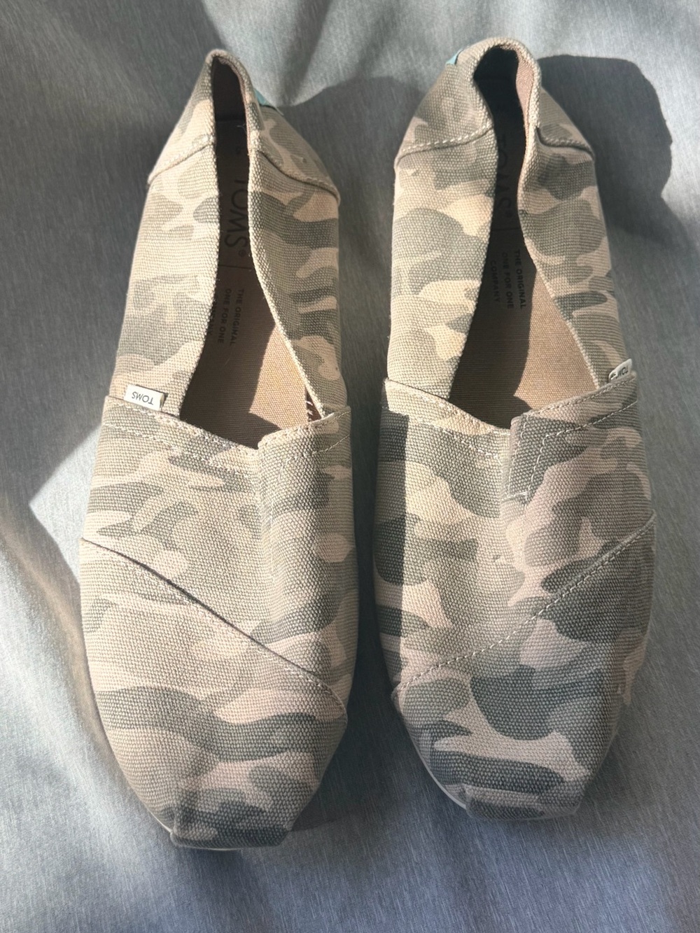Toms Women’s Slip-On Camo Canvas Espadrilles in Beige and Olive